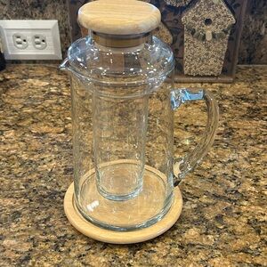Vintage Glass Cooling Pitcher Hand Blown Teak Wood Made In Thailand.